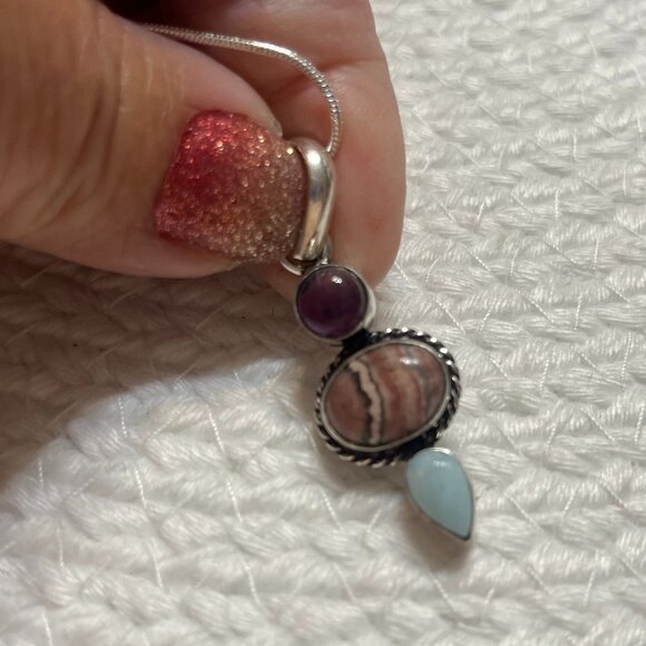 Unique AMETHYST, RHODOCHROSITE & LARIMAR Handmade Sterling 925 Pendant/Chain #63 - Picture 2 of 3
